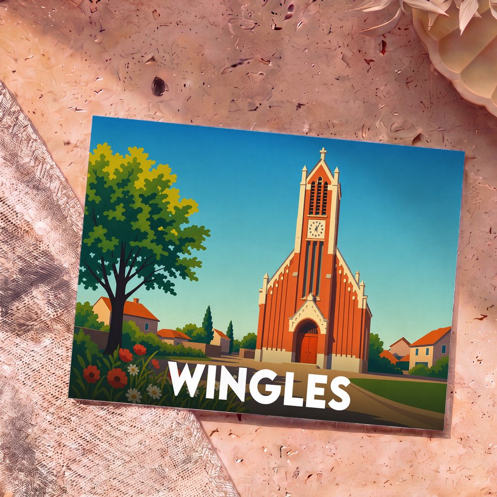 Carte postale souvenir de la ville de Wingles avec une illustration stylisée de son église.