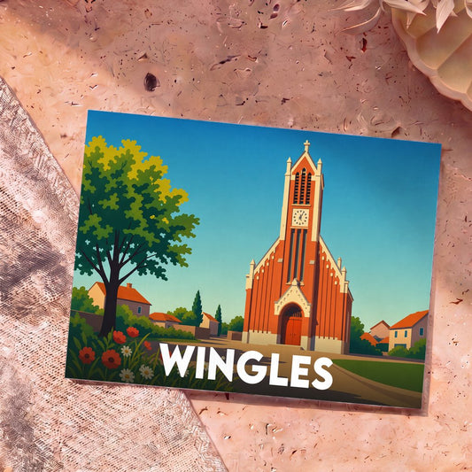 Carte postale souvenir de la ville de Wingles avec une illustration stylisée de son église.