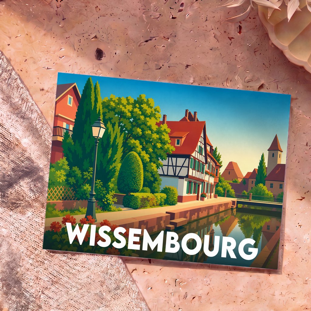 Carte postale souvenir de la ville de Wissembourg illustrant une scène pittoresque au bord de l'eau.