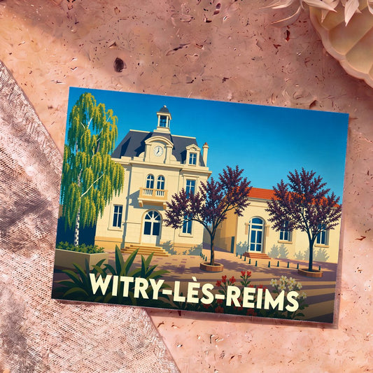 Carte postale souvenir de la ville de Witry-lès-Reims avec une illustration stylisée de la mairie.