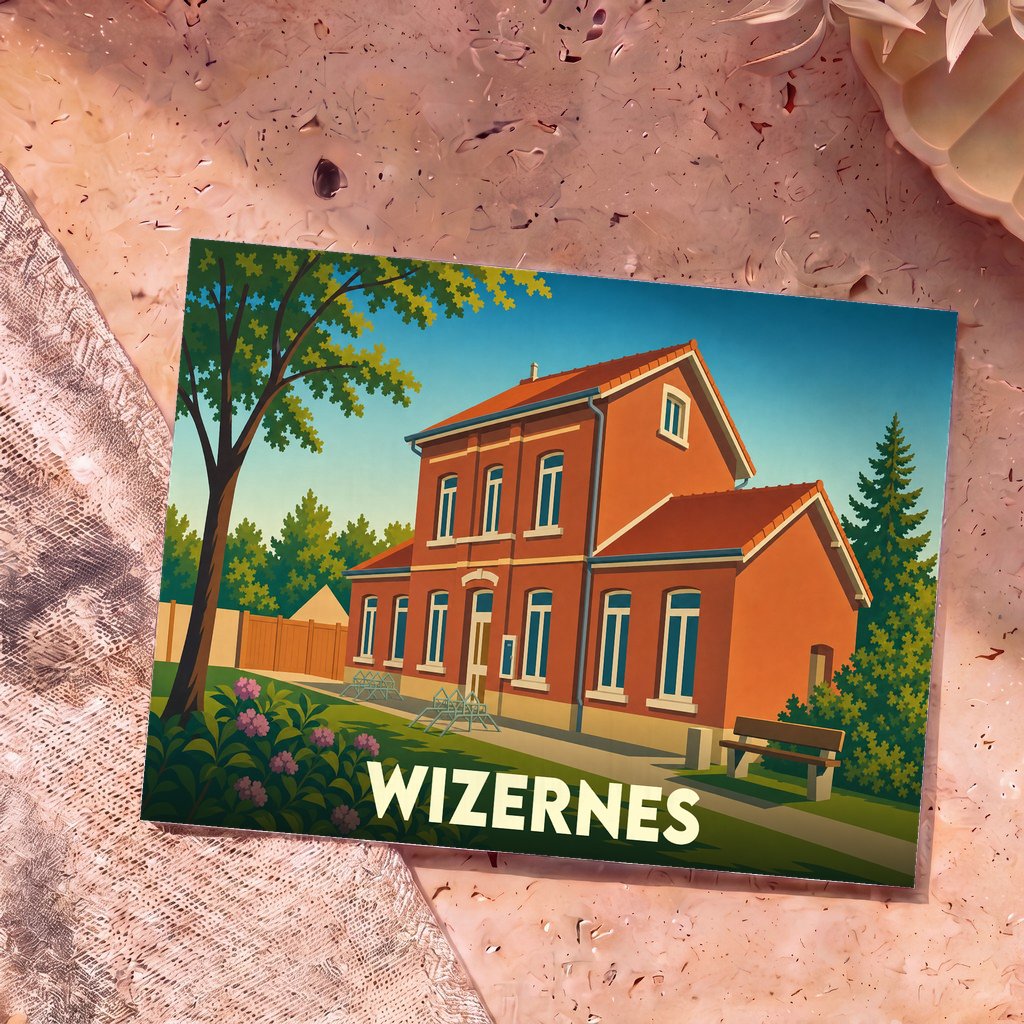 Carte postale souvenir de la ville de Wizernes illustrant sa gare ferroviaire dans un style graphique épuré.