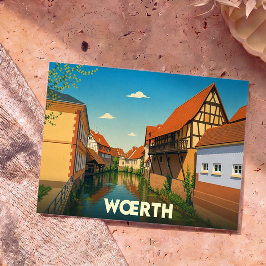 Carte postale souvenir de la ville de Wœrth avec une illustration stylisée de maisons à colombages au bord de l'eau.