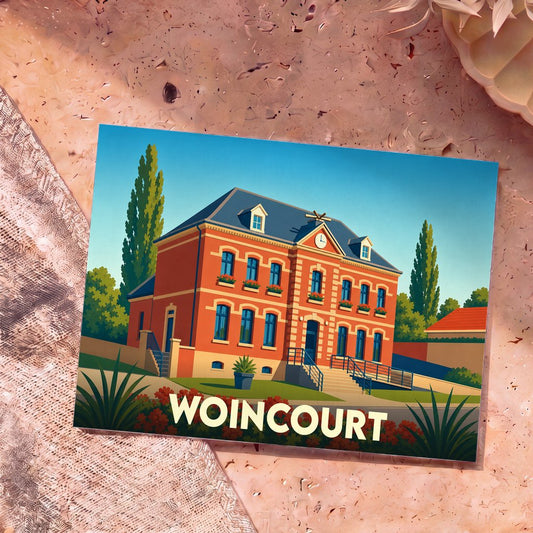 Carte postale souvenir de la ville de Woincourt illustrant son hôtel de ville dans un style graphique coloré.