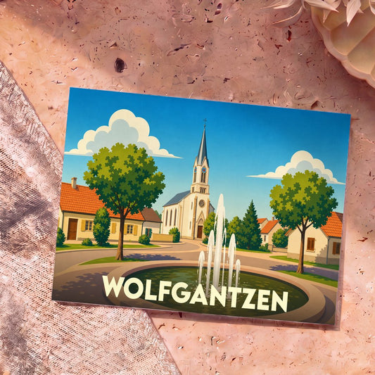 Carte postale souvenir de la ville de Wolfgantzen illustrant une place avec église et fontaine dans un style graphique épuré.