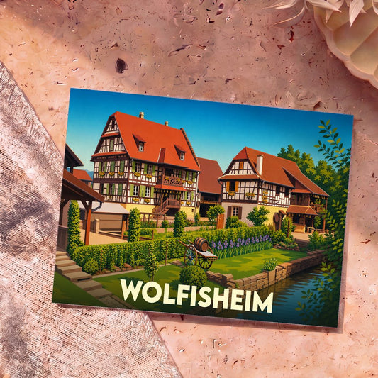 Carte postale souvenir de la ville de Wolfisheim avec une illustration stylisée de maisons à colombages alsaciennes.
