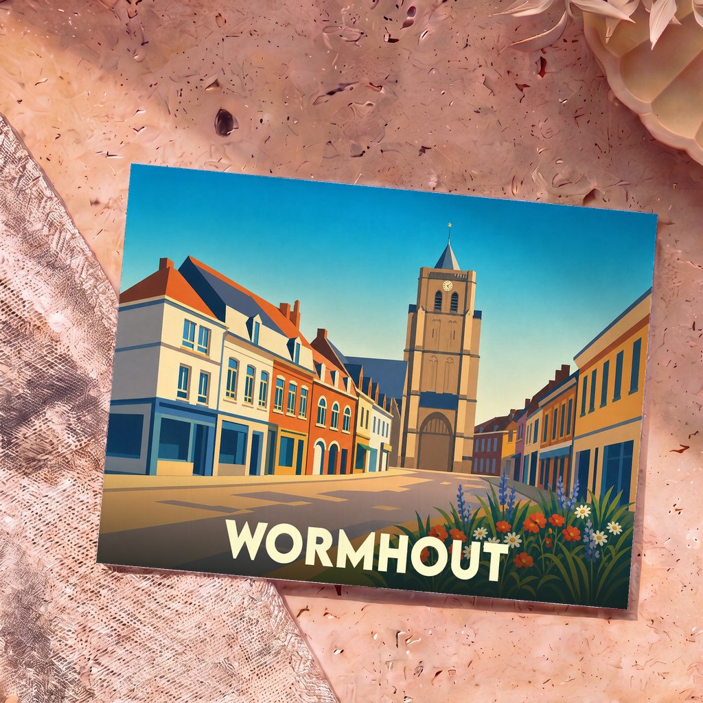 Carte postale souvenir de la ville de Wormhout avec une illustration stylisée et colorée du centre-ville.