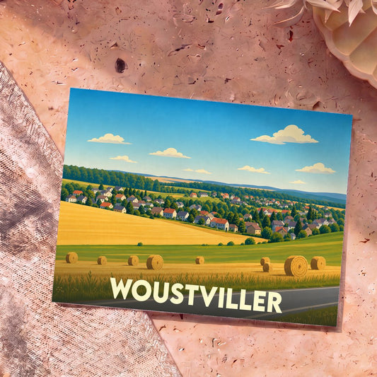 Carte postale souvenir de la ville de Woustviller avec une illustration stylisée de paysages champêtres.