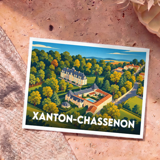 Carte postale souvenir de la ville de Xanton-Chassenon avec une illustration stylisée de son patrimoine architectural.