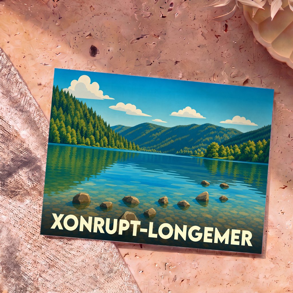 Carte postale souvenir de la ville de Xonrupt-Longemer avec une illustration stylisée d'un lac de montagne.