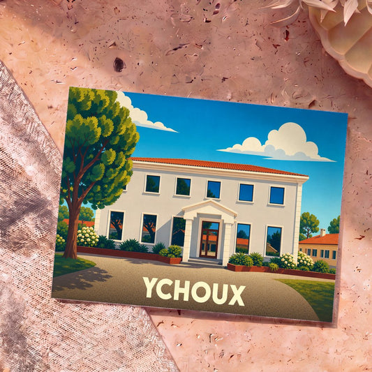 Carte postale souvenir de la ville d'Ychoux avec une illustration stylisée d'une maison landaise traditionnelle.