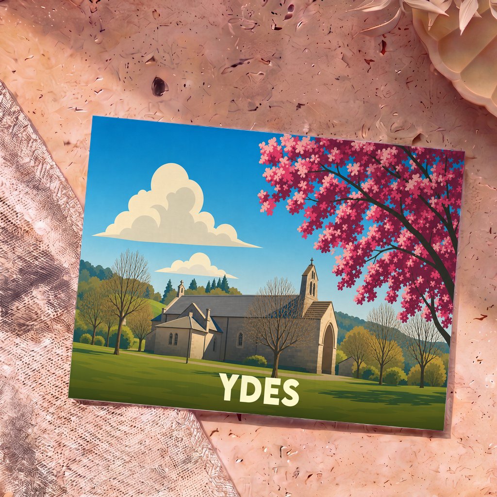 Carte postale souvenir de la ville de Ydes illustrant son église entourée de verdure et de fleurs printanières.
