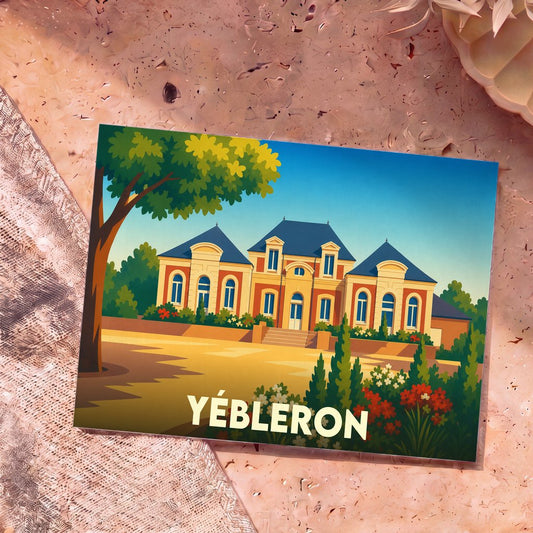 Carte postale souvenir de la ville de Yébleron avec une illustration stylisée d'une grande demeure.