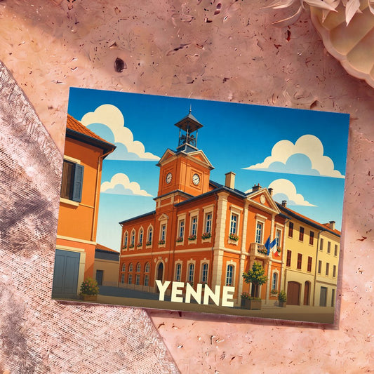 Carte postale souvenir de la ville de Yenne avec une illustration stylisée de son hôtel de ville.