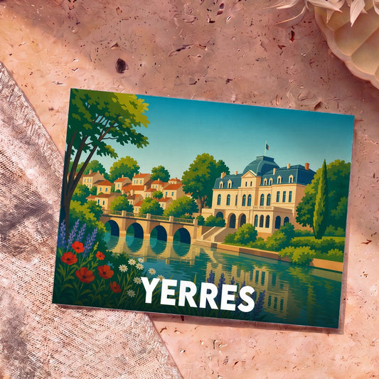 Carte postale souvenir de la ville de Yerres illustrant un pont et une demeure historique au bord de l'eau dans un style coloré et épuré.