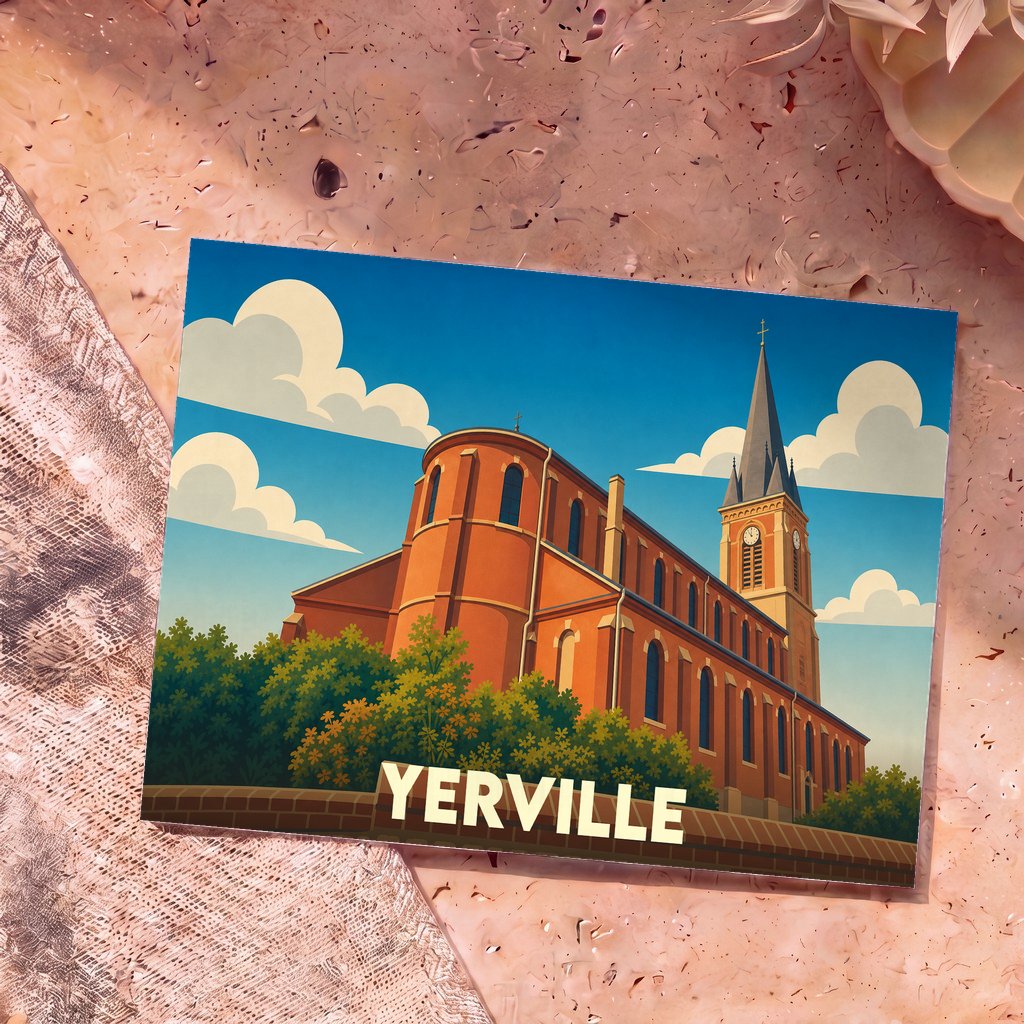Carte postale souvenir de la ville de Yerville représentant son église dans un style illustré et coloré.