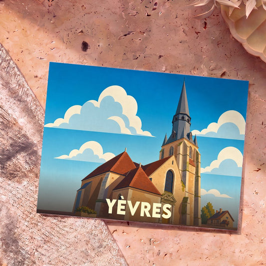 Carte postale souvenir de la ville de Yèvres illustrant son église dans un style graphique épuré.