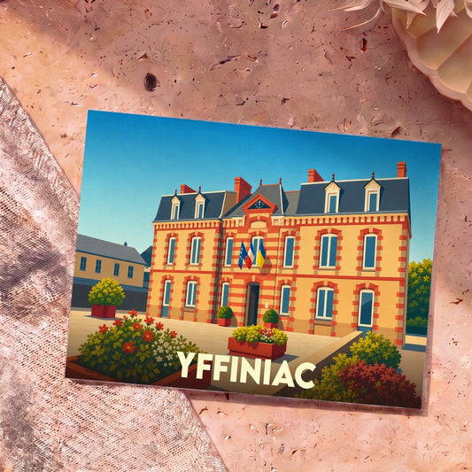 Carte postale souvenir de la ville d'Yffiniac illustrant la mairie avec un style graphique épuré.
