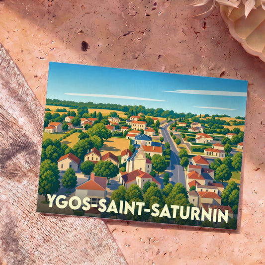 Carte postale souvenir de la ville d'Ygos-Saint-Saturnin avec une illustration stylisée d'un village ensoleillé.