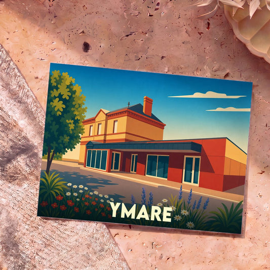 Carte postale souvenir de la ville d'Ymare avec une illustration stylisée d'un bâtiment urbain.
