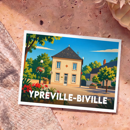Carte postale souvenir de la ville de Ypreville-Biville avec une illustration stylisée d'une maison de village.