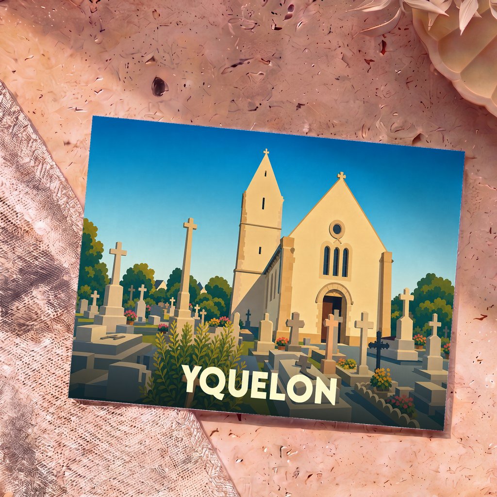 Carte postale souvenir de la ville d'Yquelon avec une illustration stylisée d'une église et de son cimetière.