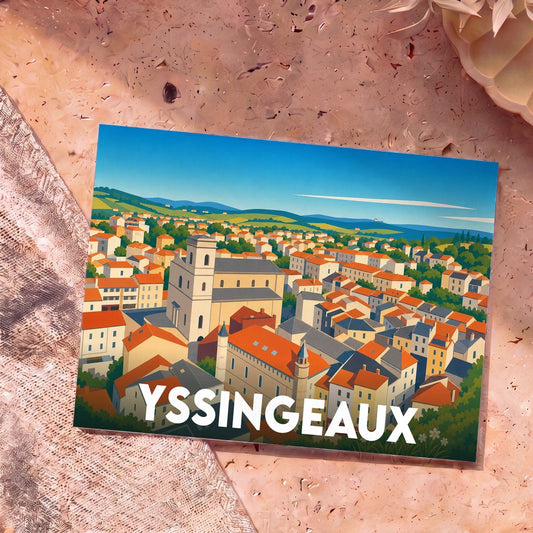 Carte postale souvenir de la ville d'Yssingeaux illustrant une vue panoramique stylisée et colorée de ses toits.