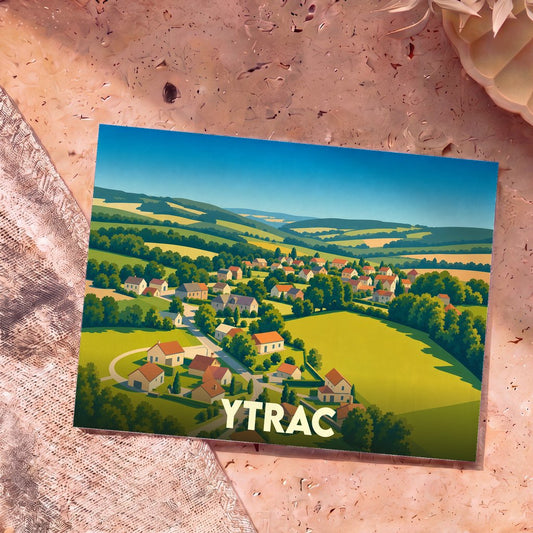Carte postale souvenir de la ville d'Ytrac illustrée par un paysage champêtre stylisé.