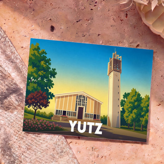 Carte postale souvenir de la ville de Yutz avec une illustration stylisée de l'église Saint-Joseph et son clocher.