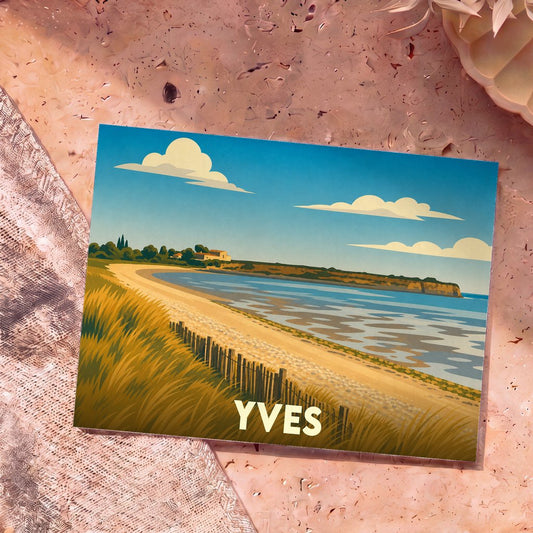 Carte postale souvenir de la ville de Yves avec une illustration stylisée de sa côte sauvage.