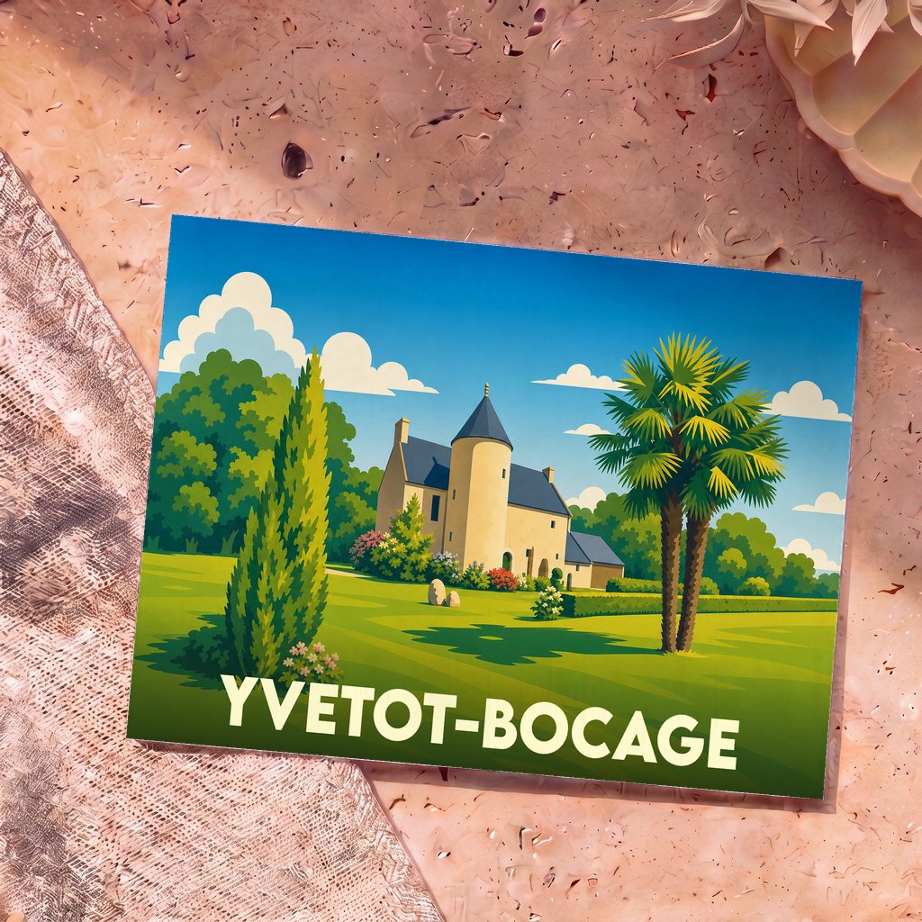 Carte postale souvenir de la ville de Yvetot-Bocage avec une illustration stylisée d'un manoir normand et de jardins verdoyants.