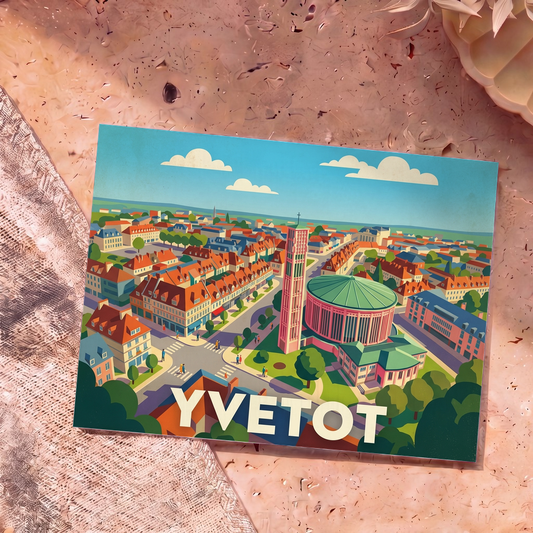 Carte postale souvenir de la ville d'Yvetot avec une illustration stylisée de son église circulaire.
