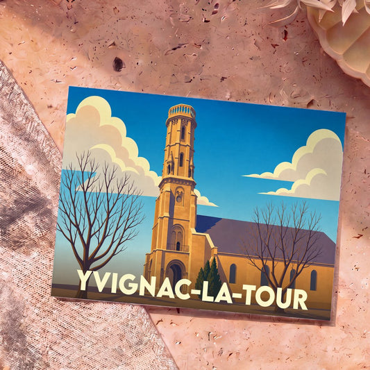 Carte postale souvenir d'Yvignac-la-Tour avec une illustration stylisée de son église et de sa tour.