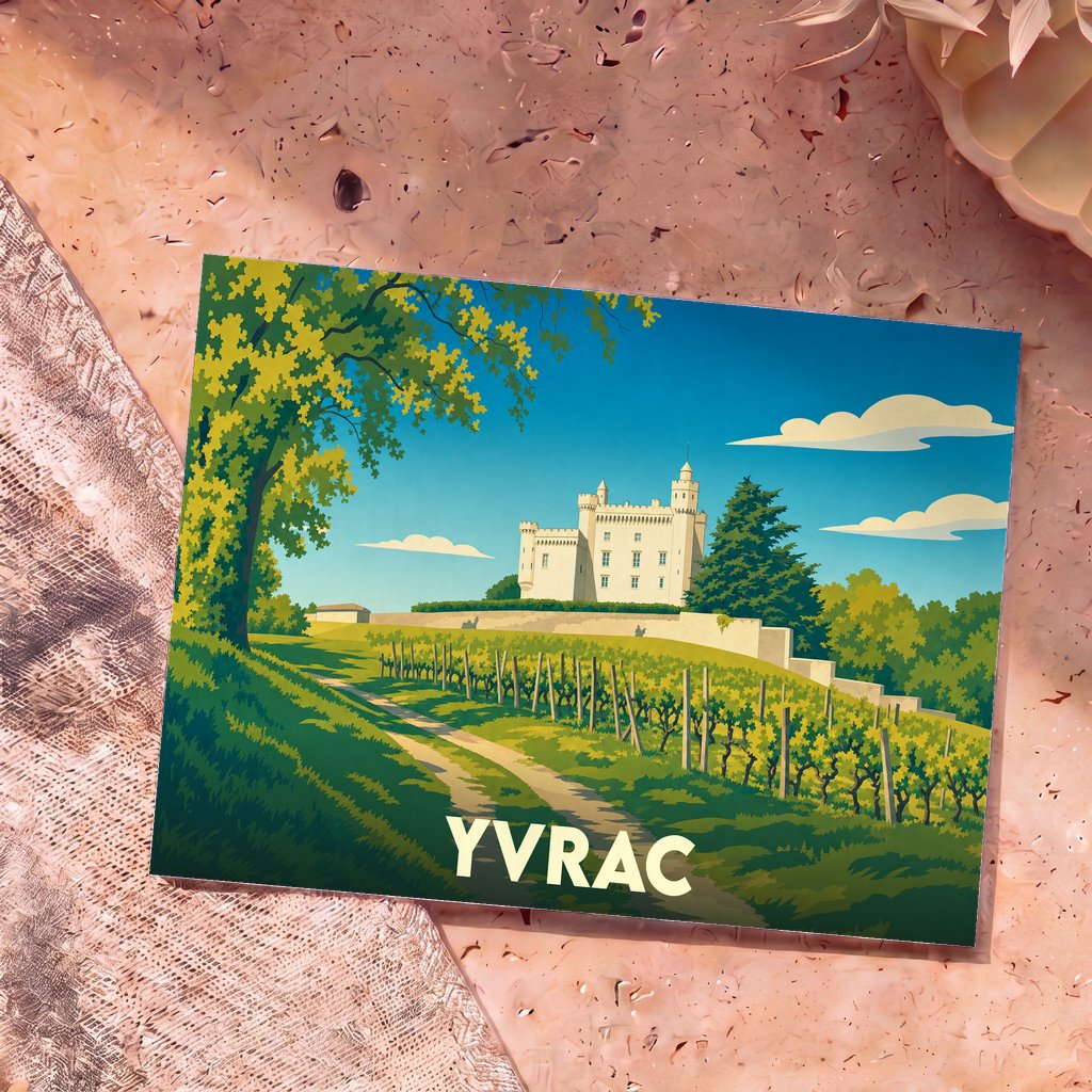 Carte postale souvenir de la ville d'Yvrac avec une illustration stylisée d'un château entouré de vignes.