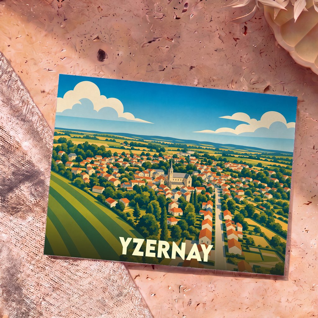 Carte postale souvenir d'Yzernay illustrant une vue aérienne stylisée du village et de son église.