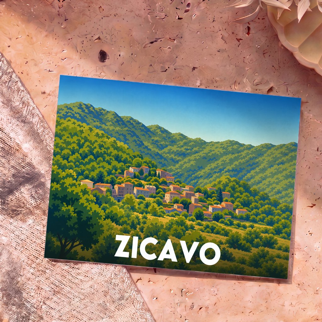 Carte postale souvenir de la ville de Zicavo illustrant un village niché dans des montagnes verdoyantes.