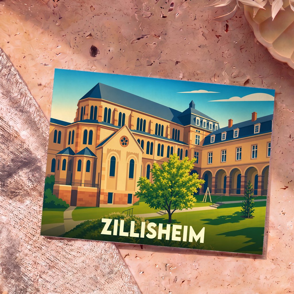 Carte postale souvenir de la ville de Zillisheim illustrant son collège épiscopal dans un style graphique épuré.