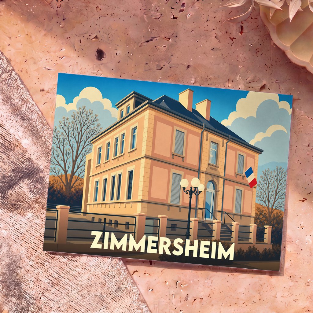 Carte postale souvenir de la ville de Zimmersheim avec une illustration stylisée de sa mairie.