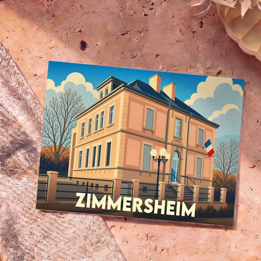 Carte postale souvenir de la ville de Zimmersheim avec une illustration stylisée de sa mairie.