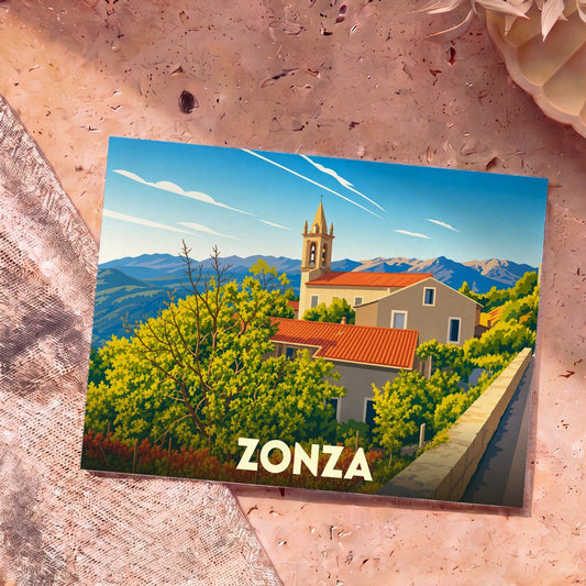 Carte postale souvenir de la ville de Zonza avec une illustration stylisée de son église et des montagnes environnantes.