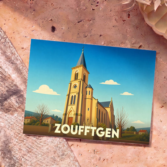 Carte postale souvenir de la ville de Zoufftgen illustrant son église dans un style graphique épuré.