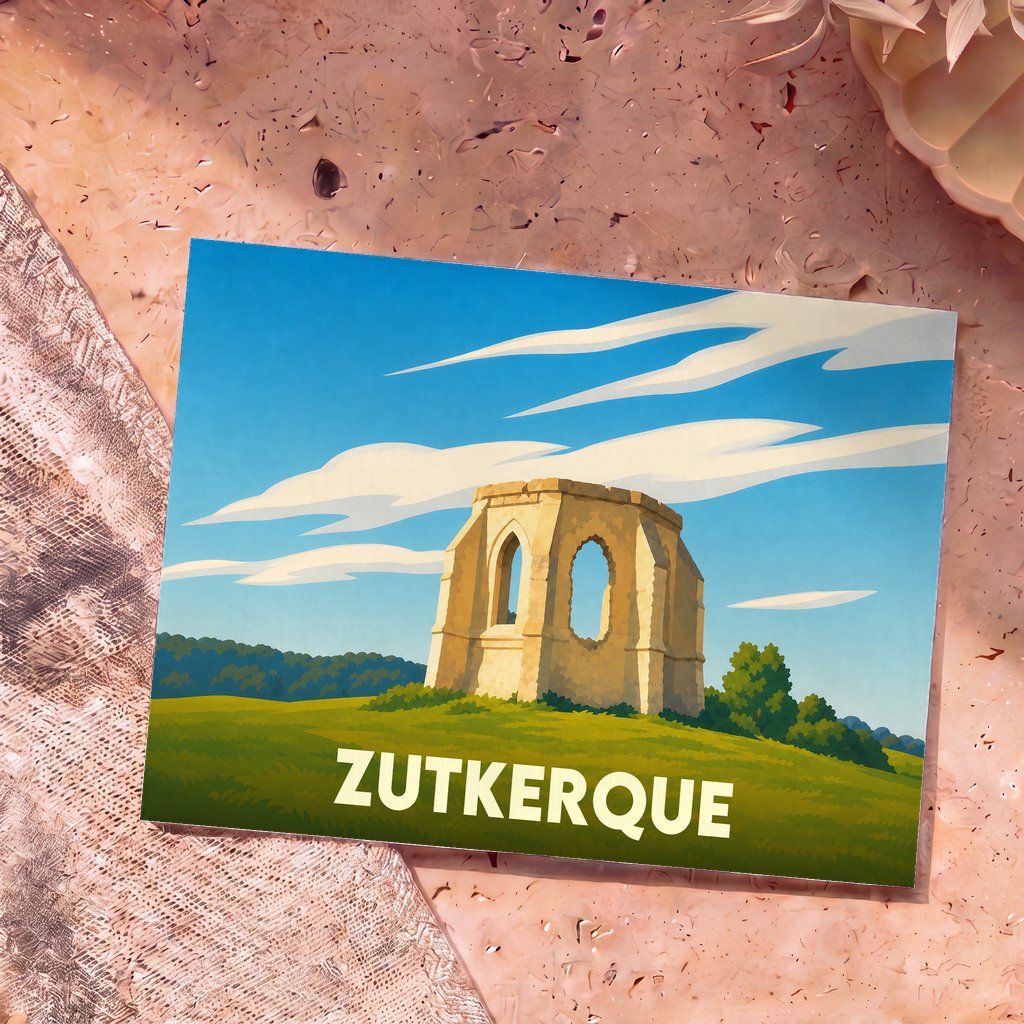 Carte postale souvenir de la ville de Zutkerque avec une illustration stylisée d'une ruine ancienne.