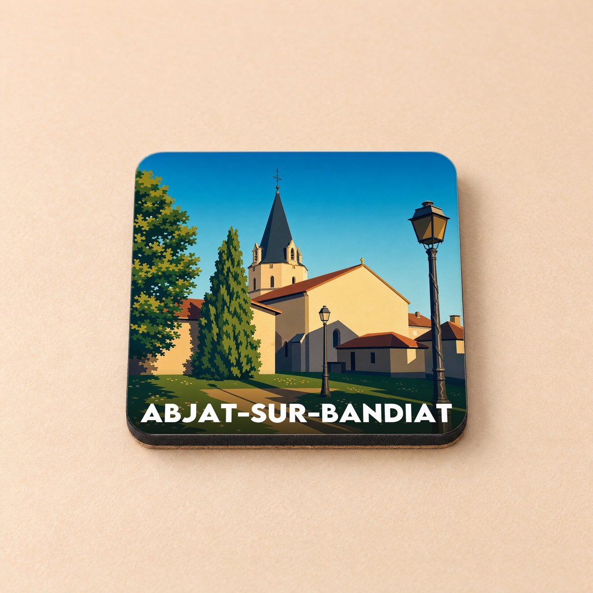 Dessous de verre souvenir de la ville d'Abjat-sur-Bandiat avec une illustration stylisée de son église.