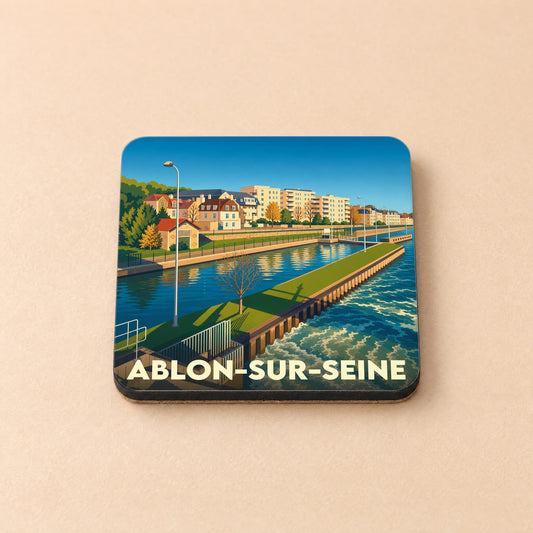 Dessous de verre souvenir de la ville d'Ablon-sur-Seine avec une illustration stylisée de ses quais et écluses.