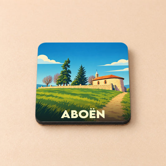 Dessous de verre souvenir de la ville d'Aboën avec une illustration stylisée.