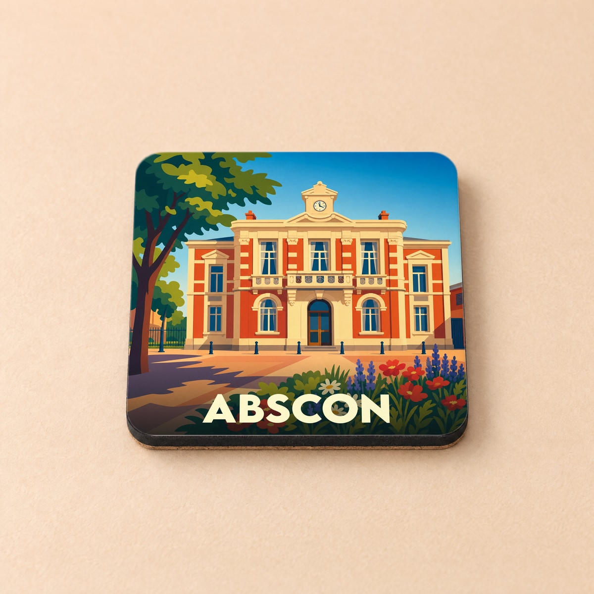 Dessous de verre souvenir de la ville de Abscon avec une illustration stylisée de son hôtel de ville.