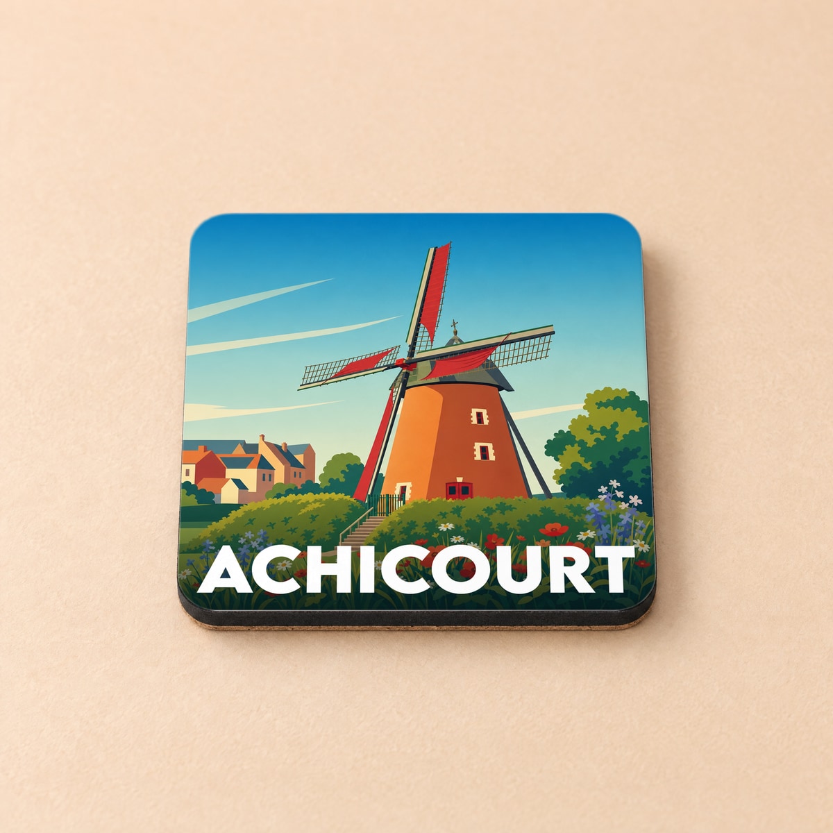 Dessous de verre souvenir de la ville d'Achicourt avec une illustration stylisée d'un moulin à vent.