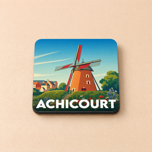 Dessous de verre souvenir de la ville d'Achicourt avec une illustration stylisée d'un moulin à vent.