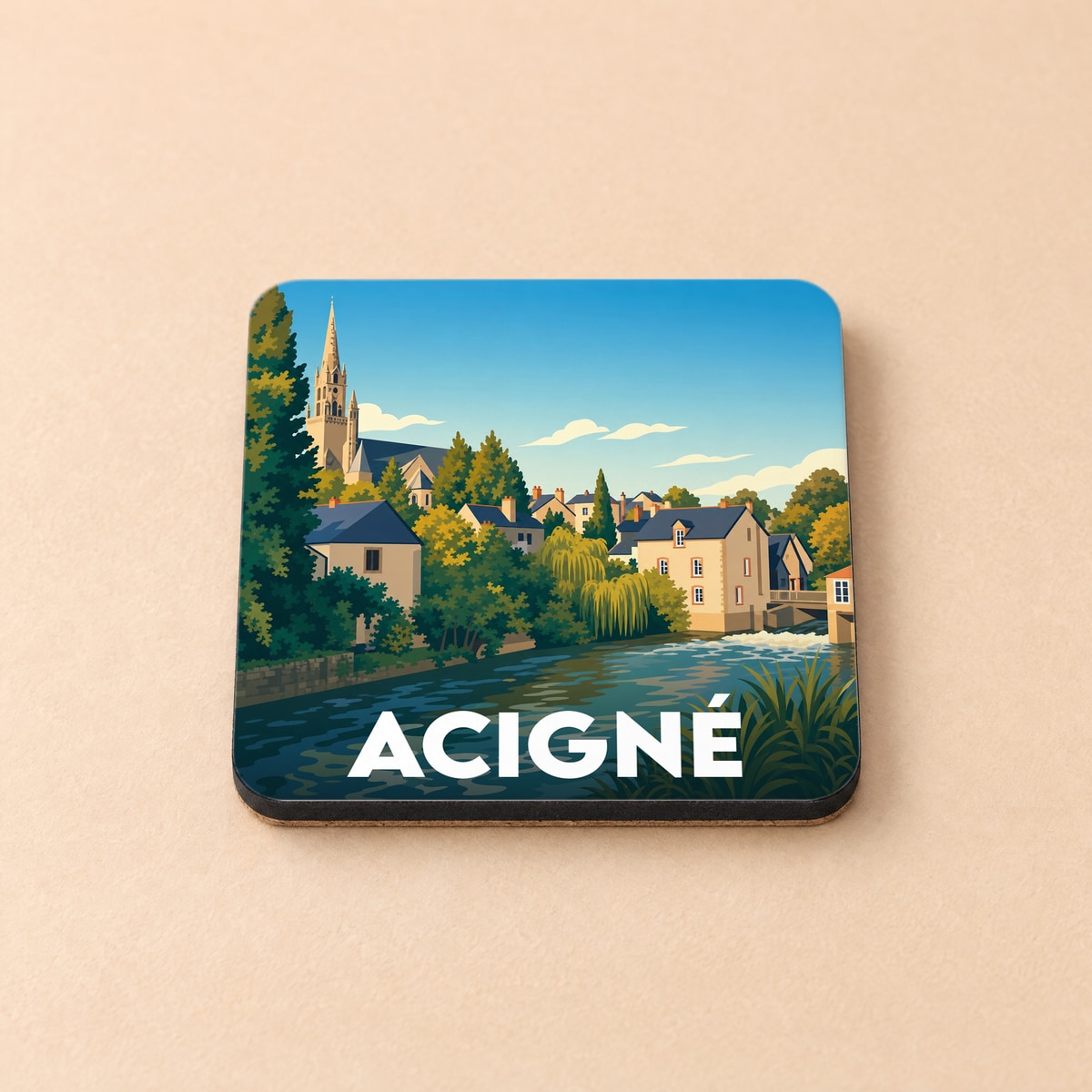 Dessous de verre souvenir de la ville d'Acigné avec une illustration stylisée d'un paysage fluvial.