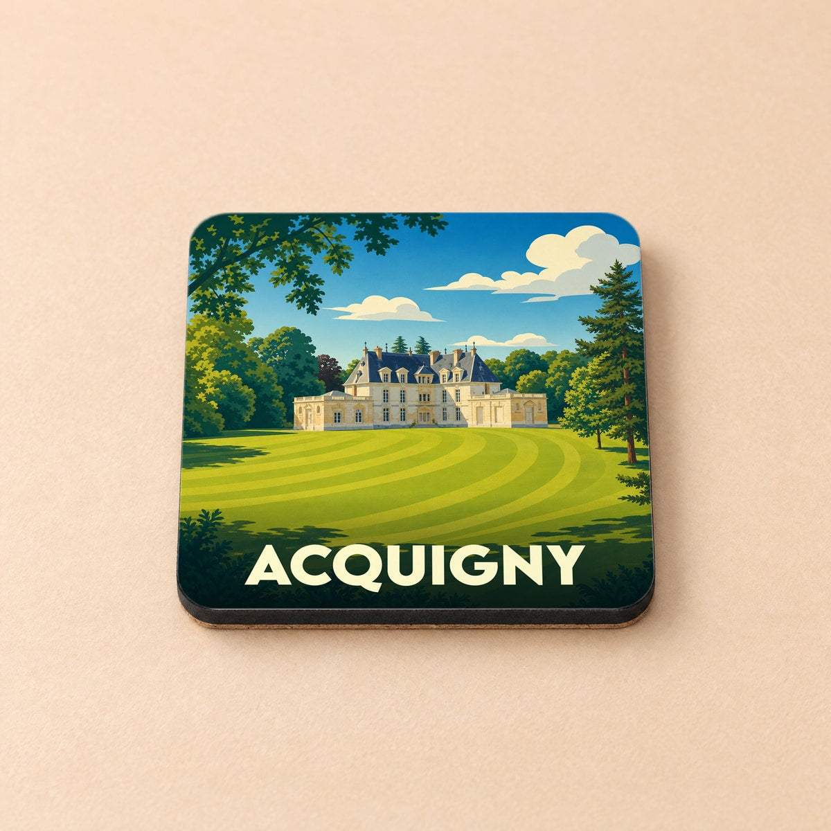 Dessous de verre souvenir de la ville d'Acquigny illustrant son château et son parc dans un style graphique épuré.