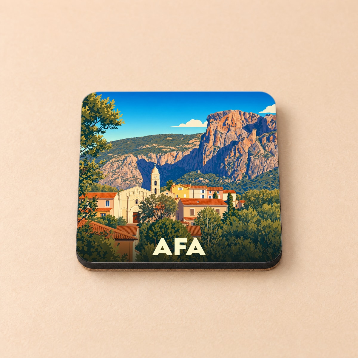 Dessous de verre souvenir de la ville de Afa avec une illustration stylisée.